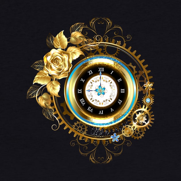 Steampunk Gold Clock with Gold Rose by Blackmoon9